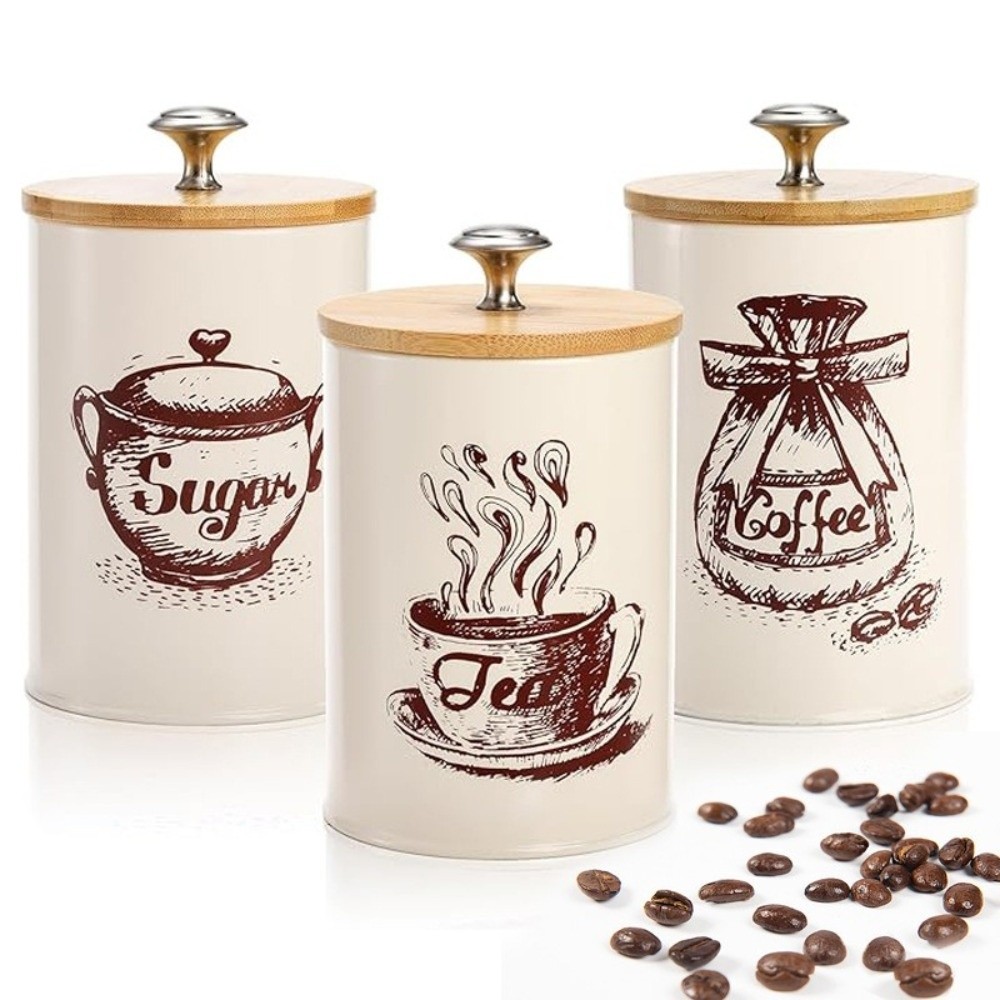 Coffee Tea And Sugar Canister Set - 3-częściowy metalowy zestaw pojemników na kawę
