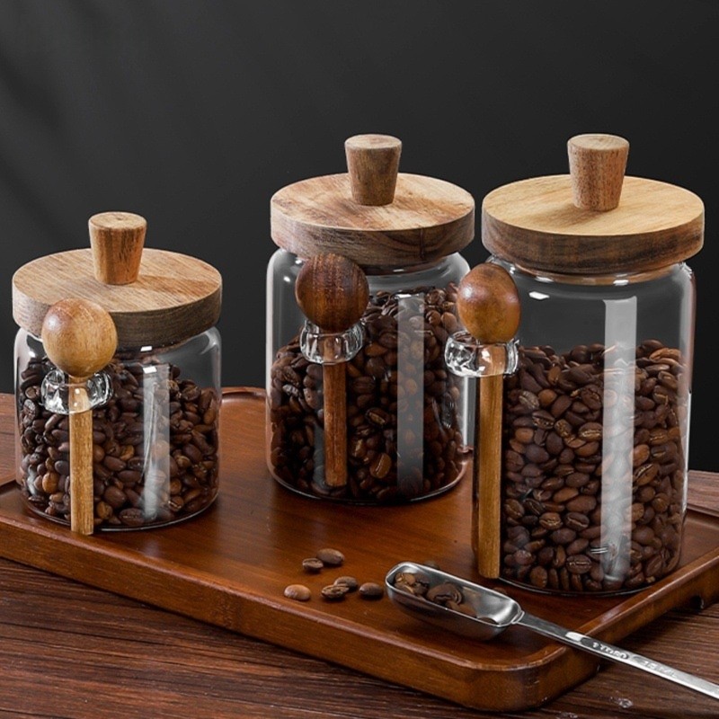 ABJI - Szklane słoiki z drewni – Coffee Tea Sugar Container Set recenzja i cena