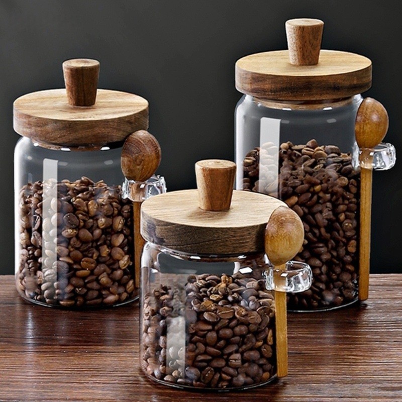 ABJI - Szklane słoiki z drewni – Coffee Tea Sugar Container Set recenzja i cena