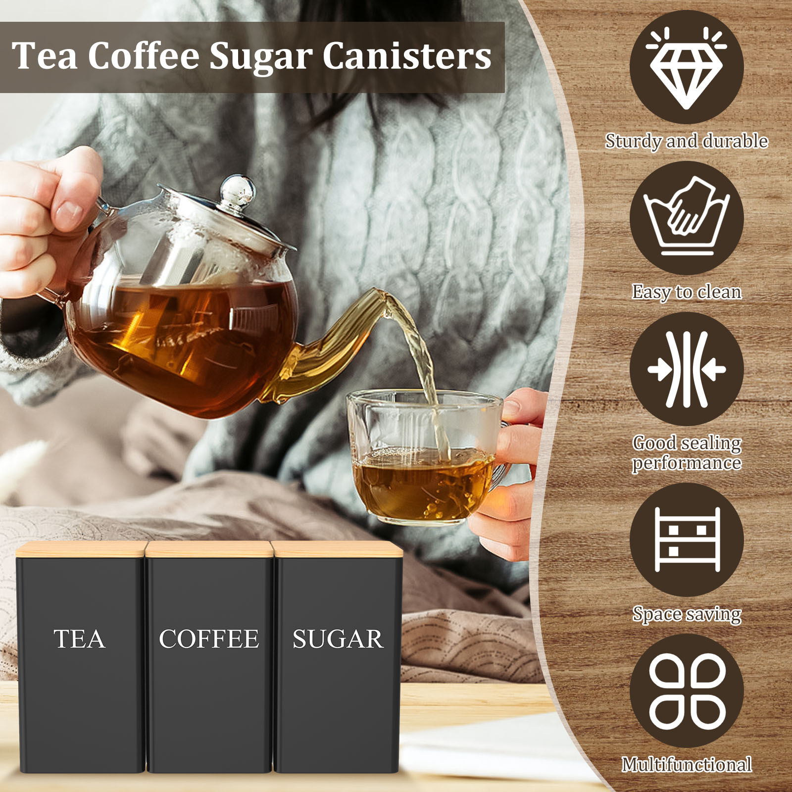 Metalowy pojemnik na kawę i he – Coffee Tea Sugar Container Set recenzja i cena